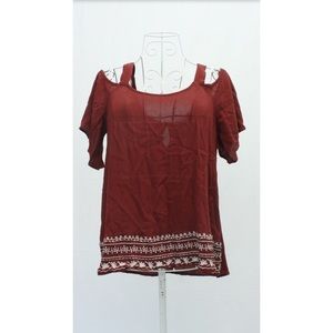 Burgundy Red Off The Shoulder Embroidered Shirt